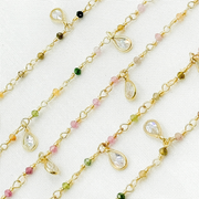 Multi Tourmaline & CZ Dangle Gold Plated Wire Chain